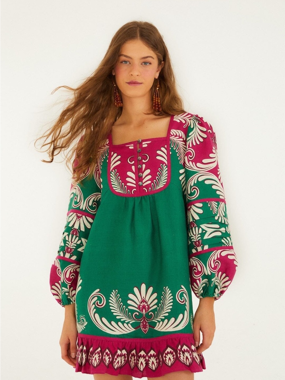 FARM RIO Multicolor Spring Arabesc Long Sleeve Mini Dress